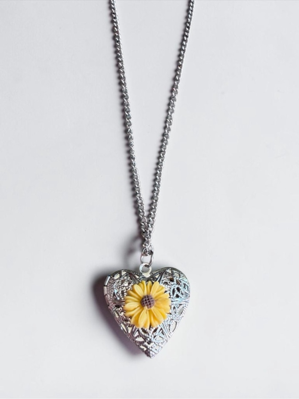 Silver Heart Locket Necklace with Yellow Daisy Accent